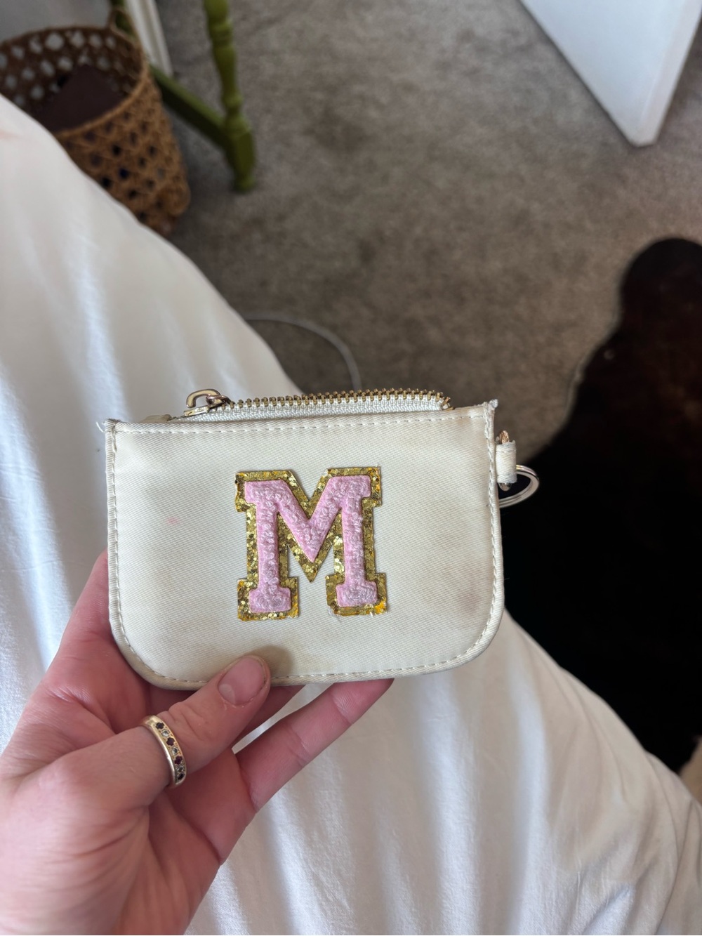 White Coin Pouch with Pink 'M' Applique